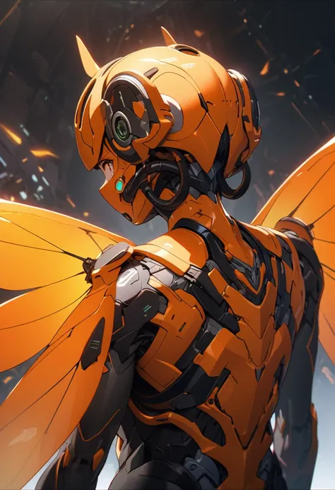 extremely detailed futuristic small orange bug wings on a humans back