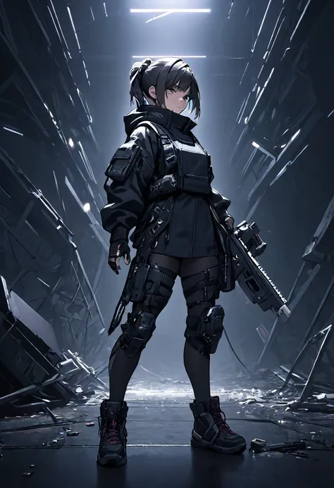 Techwear, girl, cyberpunk, weapon, dark background , ready to fight , fight pose , surronded by many broken machine