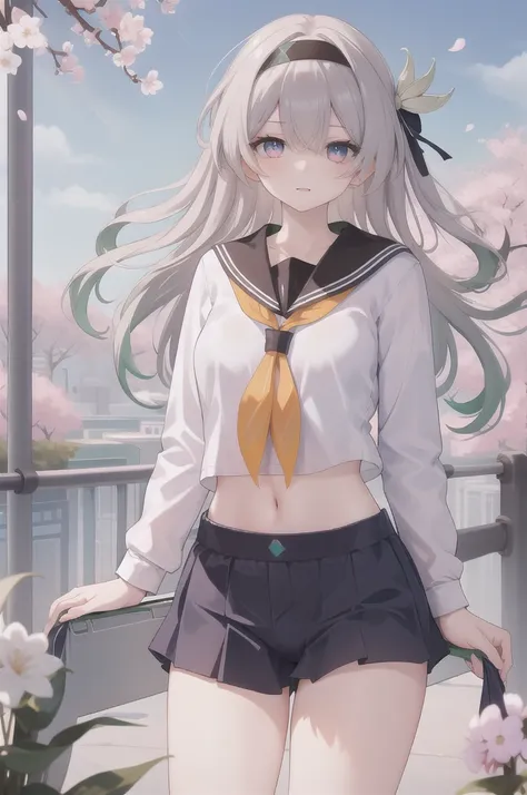 masterpiece,best quality,highres,ultra-detailed,(facing_viewer:1.1),solo,1girl,small breasts,standing,outdoors,garden,cherry blossom,trees,cowboy shot,firefly,black hairband,long hair,grey hair,white_shirt,[[shirt]],long_sleeves,serafuku,bowleg,no_pants,pa...