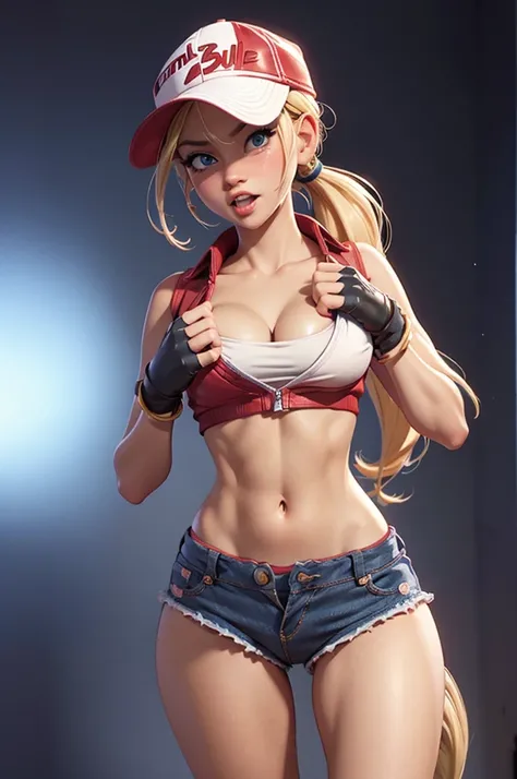 (masterpiece), best quality, expressive eyes, perfect face, highres, (8k), (perfect face), (ultra details), 1 girl, solo, terry bogard girl, blonde hair, ponytail, blue eyes, long hair, baseball cap, fingerless gloves, denim shorts, shoes, hands on own che...