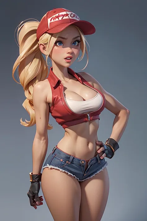 (masterpiece), best quality, expressive eyes, perfect face, highres, (8k), (perfect face), (ultra details), 1 girl, solo, terry bogard girl, blonde hair, ponytail, blue eyes, long hair, baseball cap, fingerless gloves, denim shorts, shoes, hands on own che...