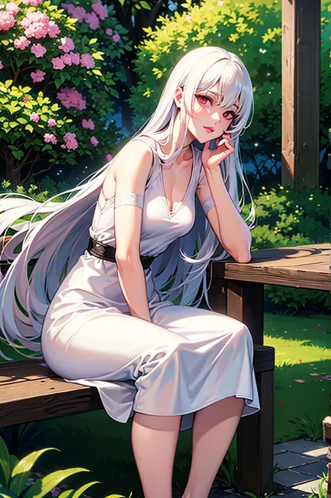 An albino woman with red eyes, extremely long hair, dressed in white with flowers, pink lips, calm look, He is 40 years old. She is beautiful and sitting in a palace garden. Looks like a magical being 