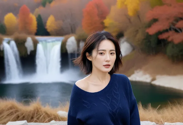 8k best picture quality, Beautiful 36-year-old Korean woman, Chest size 34 inches, Autumn scenery of Lake Hlcevice, Croatia, At the waterfall, Back background realistic and vivid image quality, Short and medium hair blowing in the wind, Wearing high-end lu...