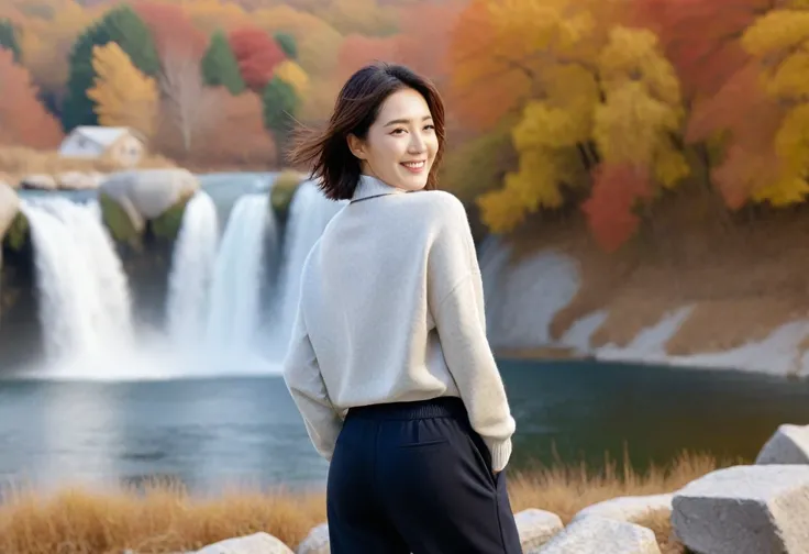 8k best picture quality, Beautiful 36-year-old Korean woman, Chest size 34 inches, Autumn scenery of Lake Hlcevice, Croatia, At the waterfall, Back background realistic and vivid image quality, Short and medium hair blowing in the wind, Wearing high-end lu...