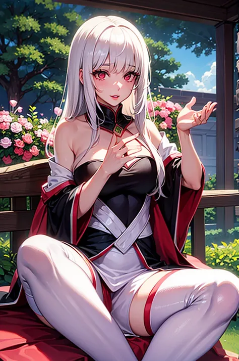 An albino woman with red eyes, extremely long hair, dressed in white with flowers, pink lips, calm look, He is 40 years old. She is beautiful and sitting in a palace garden. Looks like a magical being 