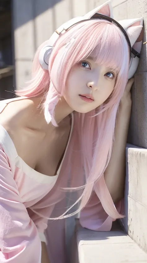 {{masterpiece}},{{Highest quality}},Awareness-raising,1 perfect portrait of a girl, Colorful Hair, (pink+White and soft hair:1.6), (Cat ear:1.3),Slim and tall body type, ファンタジーpinkの背景, Exposed bare shoulders, Long-term alienation_sleeve, {Lean forward slig...