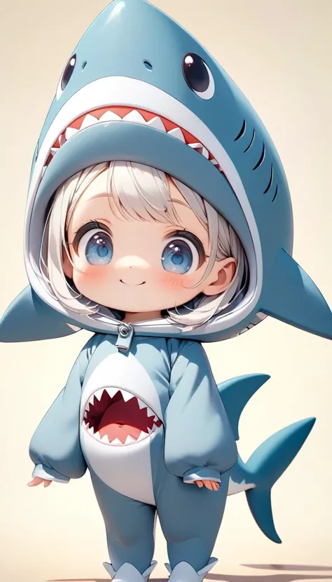 A cute little girl, Wearing a cute shark costume, Tilt your head and look at people with a smile.Close-up of character( Perfect anatomical structure )The whole body is perfectly presented and beautiful and the texture is extremely delicate，detailed, bright...