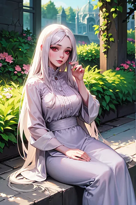 An albino woman with red eyes, extremely long hair, dressed in white with flowers, pink lips, calm look, He is 40 years old. She is beautiful and sitting in a palace garden. Looks like a magical being 