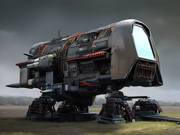 colossal, heavily armoured four legged machine with a robust,tank like structure. it boasts a dark gunmetal grey and rusty exter...