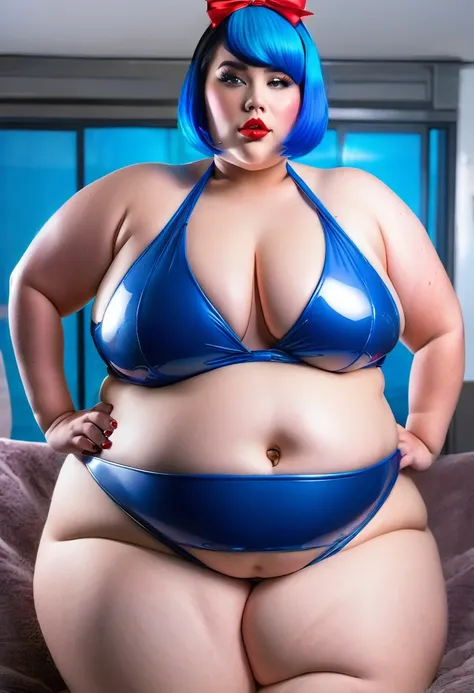 extremely detailed, high quality, realistic, photorealistic, 8k, masterpiece, glowing skin, beautiful face, sensual pose, short blue hair girl, extreme obese, red latex bikini, extreme huge belly, bellyrolls, huge thighs, sweaty, cellulite, ssbbw, ussbbw, ...