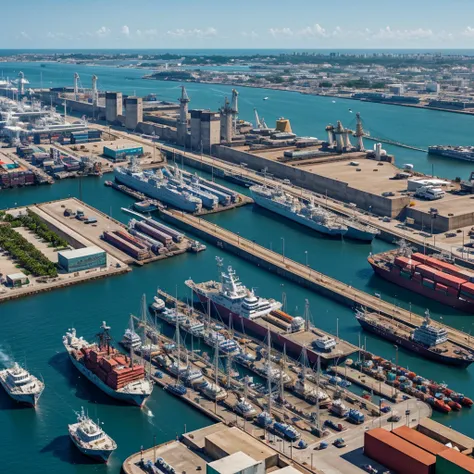 **Concept: Port of Veracruz in 1846**

1. **Prosperous Harbor**: 
   - A bustling port with a multitude of ships, including large, advanced military vessels and merchant ships.
   - Modern docks with cranes and loading equipment.
   - Warehouses and storag...