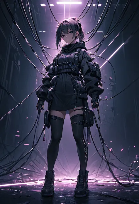 Techwear, girl, cyberpunk, dark background , ready to fight , fight pose , surronded by many broken machine , she entagle by cable and wire