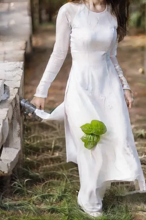 Young girl, white dress, standing