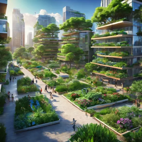 Create an image of a serene city landscape that embodies a capitalistic green utopia. The city should feature advanced, eco-friendly architecture and lush greenery integrated throughout. Include clear, blue skies and vibrant, colorful birds peacefully coex...