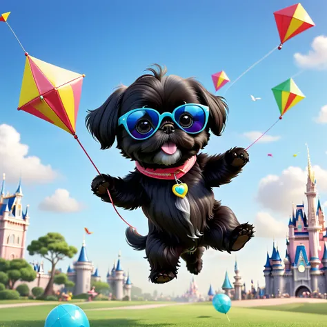 2 Adorable small black Shih Tzu puppies wearing sunglasses flying a kite Disney background 3d cartoon 3d render disney pixar style