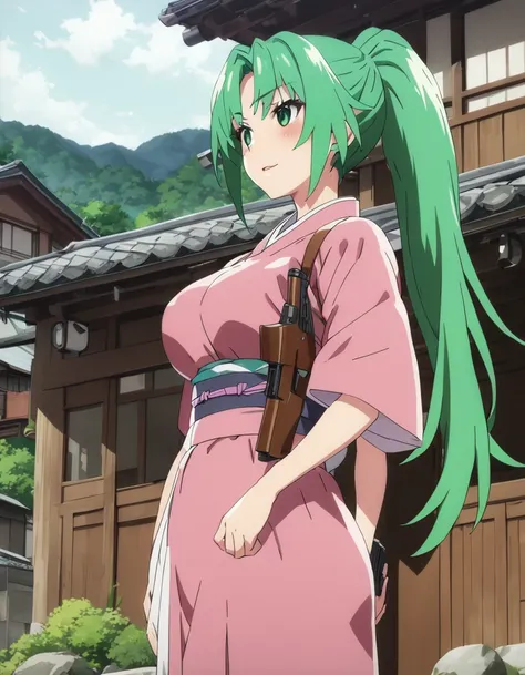 mion sonozaki, green hair, long ponytail, green eyes, kimono, large breasts, pistol, japanese house, outdoors, masterpiece, best...