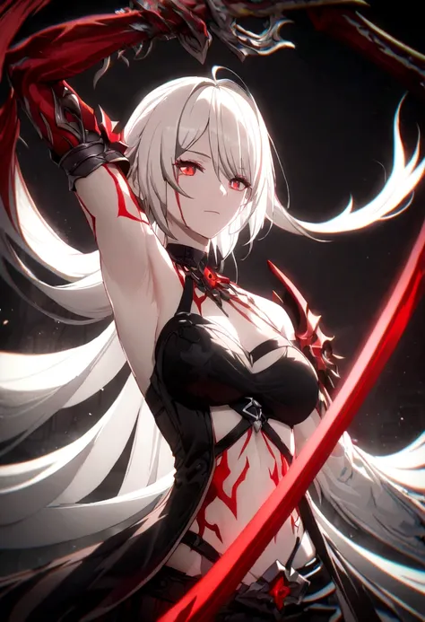 a woman with white hair with red streaks, a neutral facial expression, detailed red eyes, holding a large red sword,fantasy,dram...