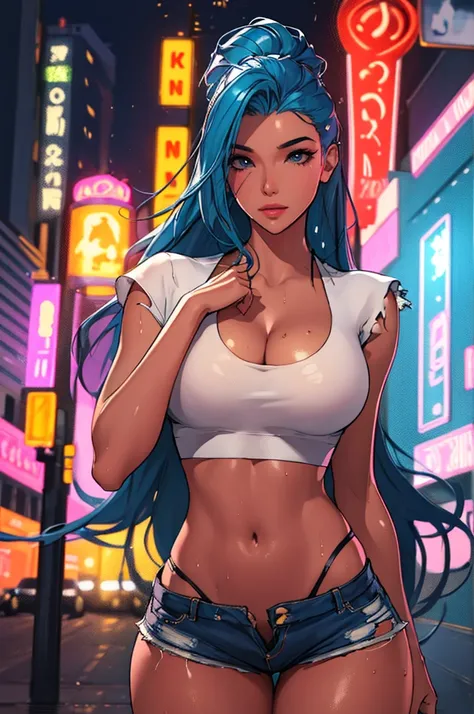 (best quality: 1.2), clean face, (masterpiece: 1.2, 8k)(PureErosFace_V1: 0.7), perfect anatomy, 1girl,a beautiful fashion model ,(masterpiece, official art, best quality) (wet skin, shiny skin) ,long and shiny hair, blue hair with streaks in hair, long hai...