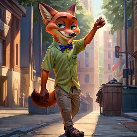 nick wilde melted gawaiku,black jacket, green shirt with bow tie, and khaki pants, brown heeled sandals, digital art, ((perfect ...