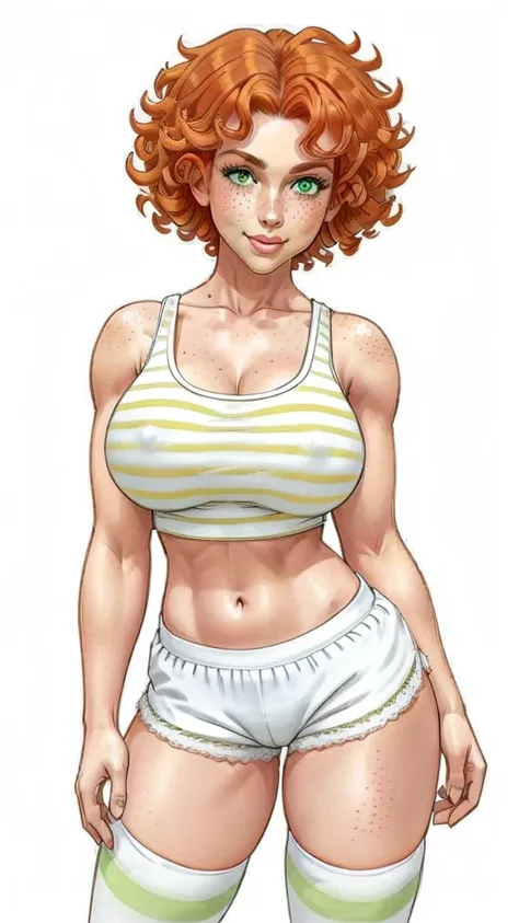 lacy lemon, pretty woman, curly ginger hair, midriff, white cloth hotpants,tank top, short shorts, freckles, large breasts,  rub...