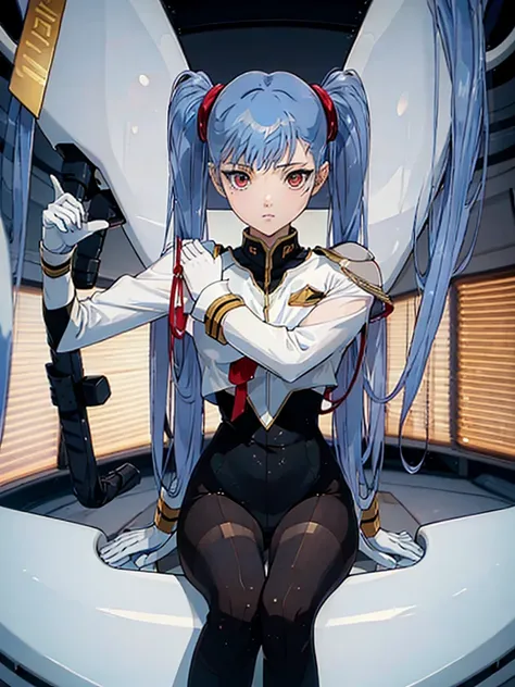 18-year-old girl, Exposed skin,Split underwear.Blanche.Nipples, black tights , Red eyes,Long twin tails, Light blue hair, Beautiful Face, Spaceship, Dynamic pose, commander,  Perfect Anatomy,pants,Low angle,Sitting pose ,M-shaped leg pose, Emphasis on the ...