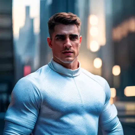 A handsome man with short hair, beautiful, detailed eyes, sharp nose, full lips, white skin, muscular and athletic body, wearing a white sci-fi costume with golden details, looking forward confidently, (best quality,8k, highres, masterpiece:1.2), ultra-det...