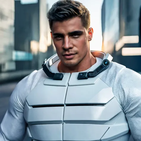 A handsome man with short hair, beautiful, detailed eyes, sharp nose, full lips, white skin, muscular and athletic body, wearing a white sci-fi costume with golden details, looking forward confidently, (best quality,8k, highres, masterpiece:1.2), ultra-det...