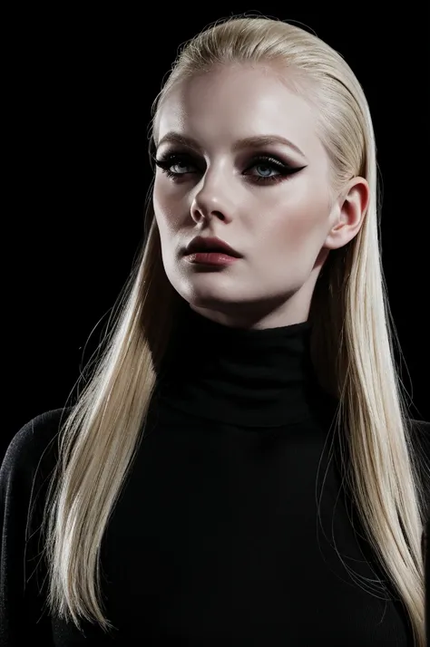 woman pretty, blonde, slicked back blonde hair , wearing black sunglasses, pale skin ,wearing black turtleneck, eyeliner ,portra...