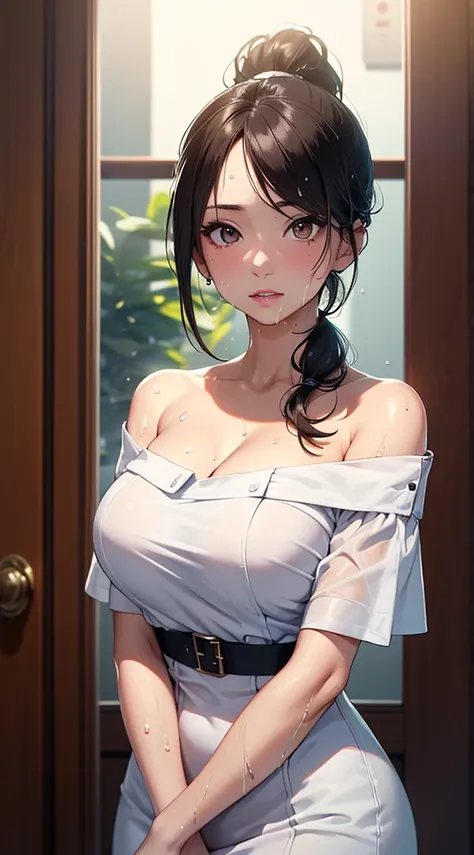 masterpiece, Best image quality, high resolution、solo、LOP，off shoulder outfit，big bust，、uniform、high-ponytail Hairstyle、Not wearing a bra、Sweaty face、latina, puberty,winters，Yuki,38 years old,Madame,goddess,mature 여성, mom,motherhood,mature,madam,wet nurse