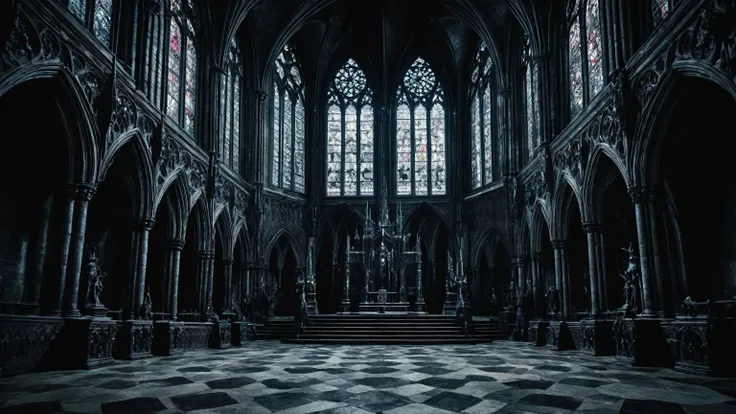 interior of a mysterious dark gothic cathedral, demonic statues, gargoyles, medieval, dark fantasy, vampirism, darkness, evil, horror, background