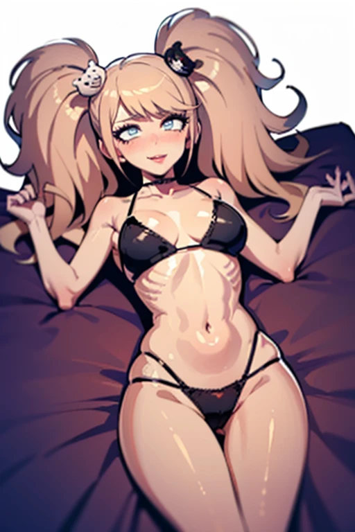 hot seductive mature woman, junko enoshima, slight tan, curvy body, smooth skin, fluffy pigtails, choker, completely black bikini, blushing a lot on cheeks and nose, lying in bed, messy hair, sharp blue eyes, beautiful face, safe for work, smooth skin, leg...