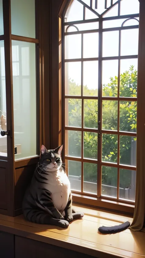 1 cat, fat body, was sitting at the window, staring out the window 