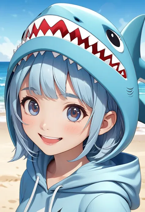 
         Cute light blue haired girl(Close)，Wearing a blue hoodie，shark head hat, Close-up shot of a happy and lively character standing on the beach( perfect anatomy ) 

                 Beautiful and extremely fine texture，detailed, bright, High-quality...