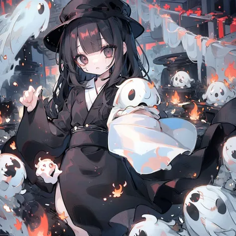 1 Girl,ghostの少女,Black Hair,Medium Long,２One,Center parted bangs,White Mesh,Black Eye,Droopy eyes,White yukata,funeral attire,White robes,beautiful girl,14 years old,cool,Fair skin,Pale skin,Black and White,ghost,rough