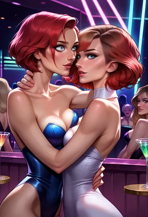 score_9, score_8_up, score_7_up, score_6_up, score_5_up, (high quality, detailed, beautiful), detailed soft lighting, 2girls, (short hair Gwen Stacy:1.0), (MJ Watson, long flowing hair, red hair:1.0), nightclub, neon lights, dancing, embracing, grinding, (...