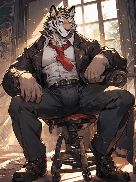 {{bara extremely handsome white tiger,}} {{white fur,}} white, wearing military like purple trench coat, purple trousers, white dress shirt and necktie, white fluffy furry body and limbs, loafers, very tall, very broad shoulders, narrow waist, muscular arm...