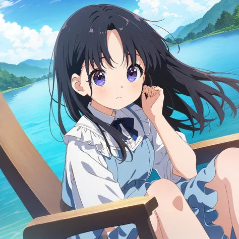 Anime girl sitting in chair，Enjoy the lake view, Smooth anime CG art, Cute girl anime visual, Anime style 4k, anime art wallpaper 8 k, 4k anime wallpaper, Official artwork with high detail, Anime cute art style, Anime Art Wallpaper 4K, Anime Art Wallpaper ...