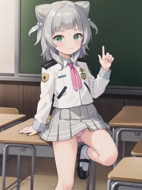 indoor,((classroom)), Green Eyes, Grey Hair, hair ornaments, bangs, Virtual YouTuber, blunt bangs, Double Bang, Animal ears, Flat Chest,uniform,Grey Skirt,Pink Panties,blush,1boy,{{shoulder carriage}}