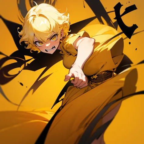 Blonde Short Hair　Curly hair　Angry face　Yellow Dress　Devil&#39;s Wings