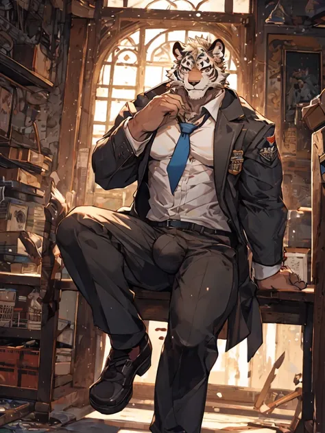 {{bara extremely handsome white tiger,}} {{white fur,}} white, wearing military like ornate trench coat, trousers, white dress shirt and necktie, white fluffy furry body and limbs, loafers, very tall, very broad shoulders, narrow waist, muscular arms, mass...