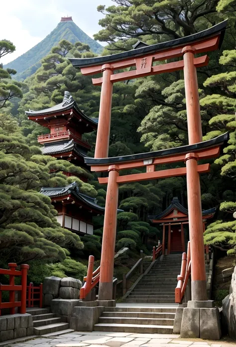 Beautiful Japanese female Tengu、Muscular、Large Breasts、At the torii gate in front of a long stone staircase deep in the mountains