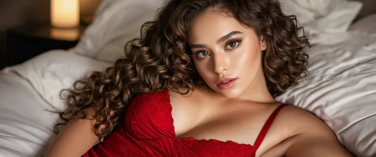 a busty girl with long curly brown hair, beautiful detailed eyes, beautiful detailed lips, gorgeous face, wearing a tight red dress, laying on a bed, highly detailed, photorealistic, cinematic lighting, hyper realistic, 8k