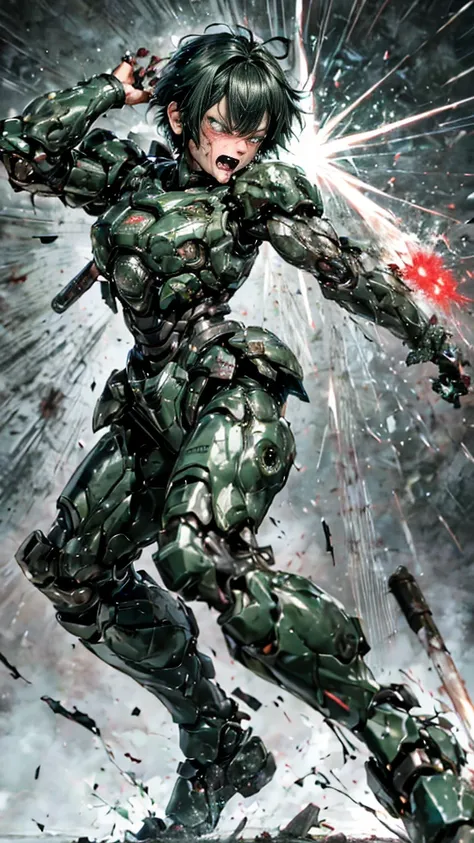 Rough skin, Very detailed, Advanced Details, high quality, 最high quality, High resolution, 1080P 、Bleeding from the wound、Sexy Eyes、Wearing green and black、cute((The whole body is sweating))(Equipped with a damaged battle suit....)(Dark green armor)(Broken...