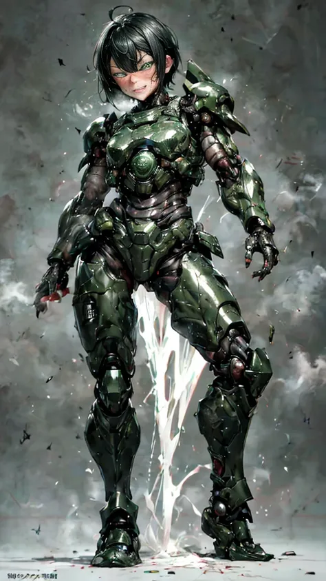 Rough skin, Very detailed, Advanced Details, high quality, 最high quality, High resolution, 1080P 、Bleeding from the wound、Sexy Eyes、Wearing green and black、cute((The whole body is sweating))(Equipped with a damaged battle suit....)(Dark green armor)(Broken...