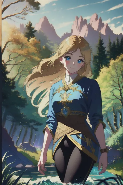 princess zelda, plain forest background, masterpiece, solo, best quality, beautiful eyes, blue_eyes, blonde_hair, smile, medium_breasts, bangs,  looking at viewer, smile, closed mouth, water drops, Ultra detailed fantasy environment, [mountains:forest:0.3]...