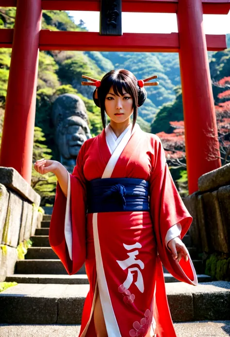 Beautiful Japanese female Tengu、Muscular、Large Breasts、At the torii gate in front of a long stone staircase deep in the mountains