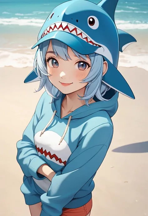 
         Cute light blue haired girl(Close)，Wearing a blue hoodie，shark head hat, Close-up shot of a happy and lively character standing on the beach( perfect anatomy ) 

                 Beautiful and extremely fine texture，detailed, bright, High-quality...