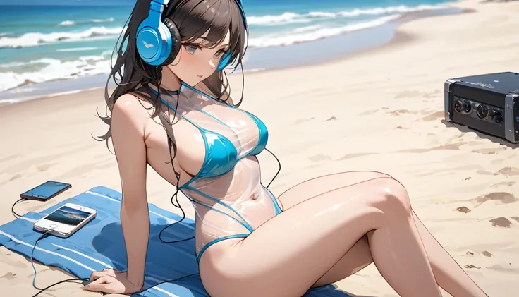 ((Top Quality)), ((Masterpiece)), ((Details)), perfect face, perfect body, sitting on the beach, listening to music, wearing headphones, wearing swimsuit, swimsuit transparent, tight with buttocks and breasts exposed Woman with clothes on and face visible