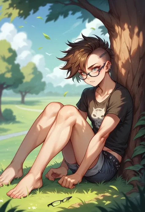 punk girl with glasses and a dark shirt, blurred green grass and trees in the background, short brown hair, detailed face,       sitting with her feet in the air high quality, high resolution