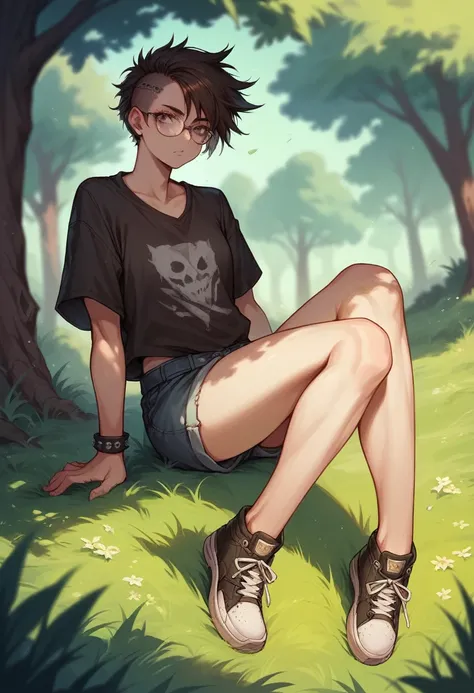 punk girl with glasses and a dark shirt, blurred green grass and trees in the background, short brown hair, detailed face,       sitting with her feet in the air high quality, high resolution